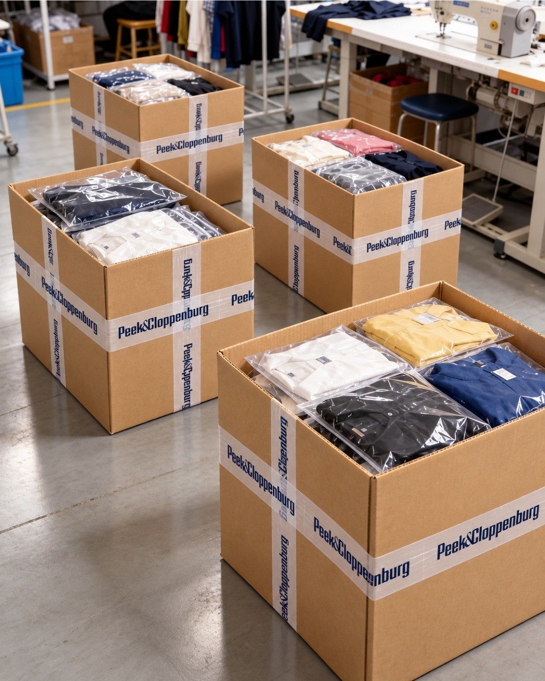 Open cartons containing assorted packaged apparel