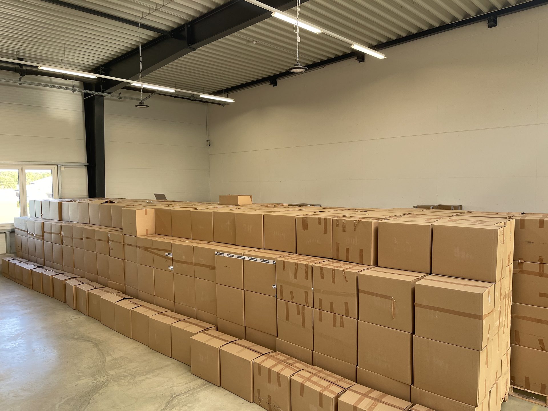 Cartons stacked on wooden pallets beneath the warehouse ceiling